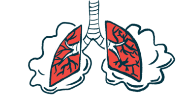 An illustration provides a close-up view of damaged human lungs.