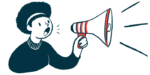 A woman shouts into a bullhorn in this illustration.