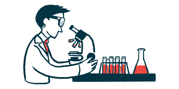 A clinical researcher views samples through a microscope in this illustration.