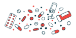This illustration of oral medications shows capsules, tablets, packets, and a bottle of pills spilling out.