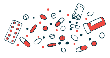 This illustration of oral medications shows capsules, tablets, packets, and a bottle of pills spilling out.