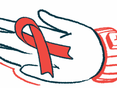 an illustration of a hand holding a red awareness ribbon