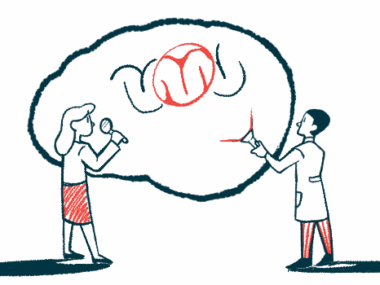 An illustration of a man and a woman studying a human brain.