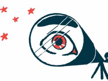 A person's eye is magnified as he looks into a telescope at stars.