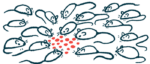 A group of mice are huddled around a scattering of food pellets.