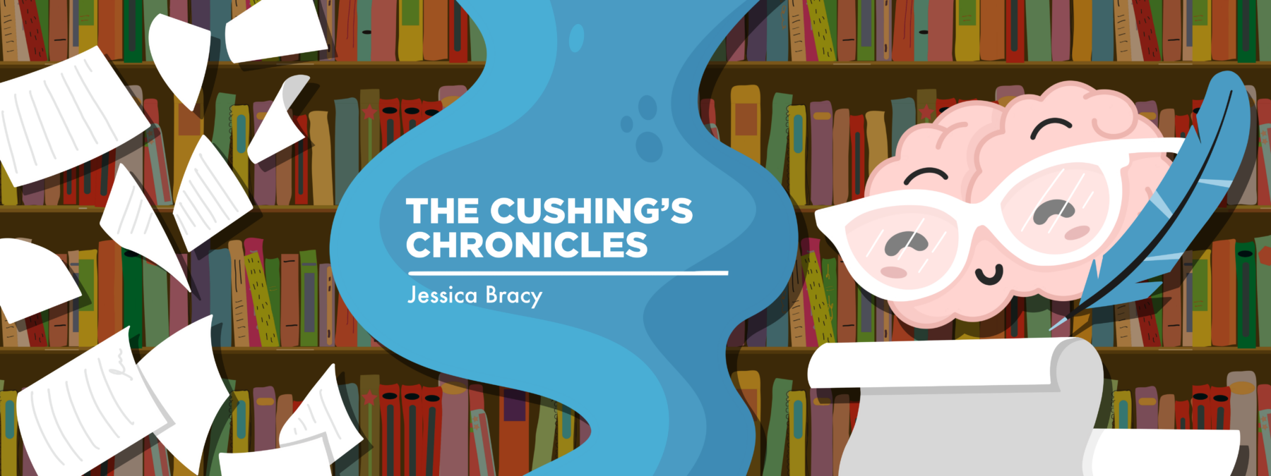 An illustration of a brain with glasses with full bookshelves in the background as the banner image for Jessica Bracy's column 