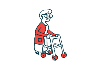 An illustration shows a woman using a walker.