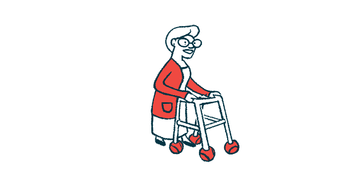 An illustration shows a woman using a walker.