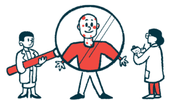 Two medical technicians hold a giant magnifying glass in front of a patient in this case study illustration.
