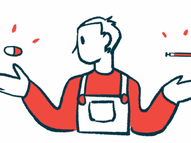 A person weighs a choice between two medicines, with one floating above each hand.