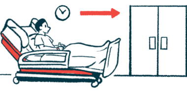 An illustration of a person on a stretcher being wheeled toward double doors.