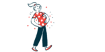 A pregnant woman walks while cradling her belly.
