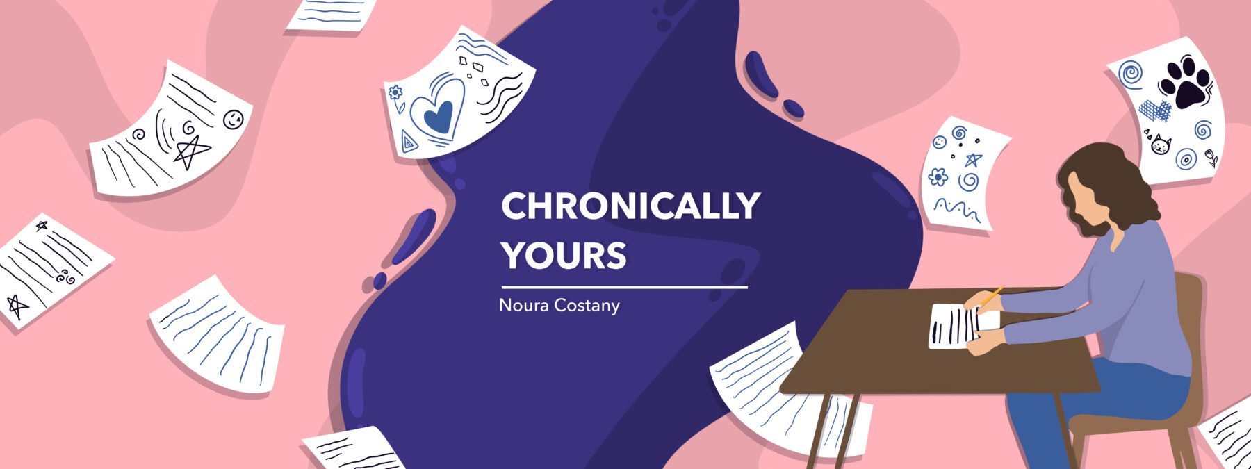 An illustration depicting a person with curly hair writing at a desk, with papers whirling in the air, as the banner image of
