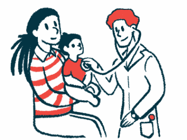 A doctor listens to a child's heart with a stethoscope as the patient sits on a parent's lap.