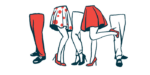 An illustration focusing on the legs and knees of a group of people.