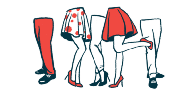 An illustration focusing on the legs and knees of a group of people.