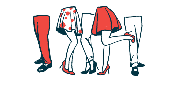 An illustration focusing on the legs and knees of a group of people.