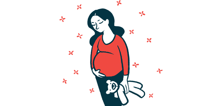A pregnant woman cradles her belly with one hand while holding a teddy bear with the other.