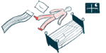 An illustration shows an awake person laying on the floor beside a bed.