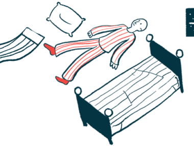 An illustration shows an awake person laying on the floor beside a bed.