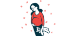 A pregnant woman, holding a teddy bear, holds her stomach, with stars around her.