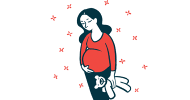 A pregnant woman, holding a teddy bear, holds her stomach, with stars around her.