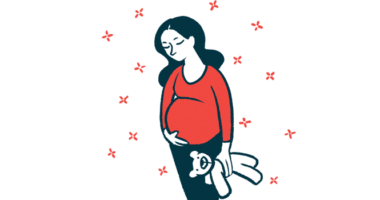 A pregnant woman, holding a teddy bear, holds her stomach, with stars around her.