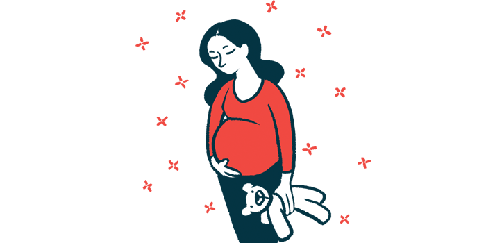 A pregnant woman, holding a teddy bear, holds her stomach, with stars around her.