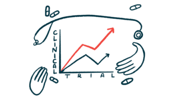 Two hands, a stethoscope and a handful of oral medications surround a graph marked 'CLINICAL TRIAL' that shows trending favorable results.