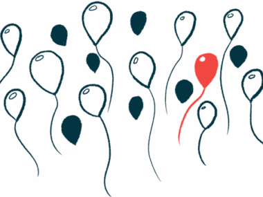 A group of balloons float upward, one of them red, in this illustration of rare disease.