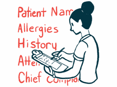 A patient fills out paperwork for a medical visit using a clipboard and pen.