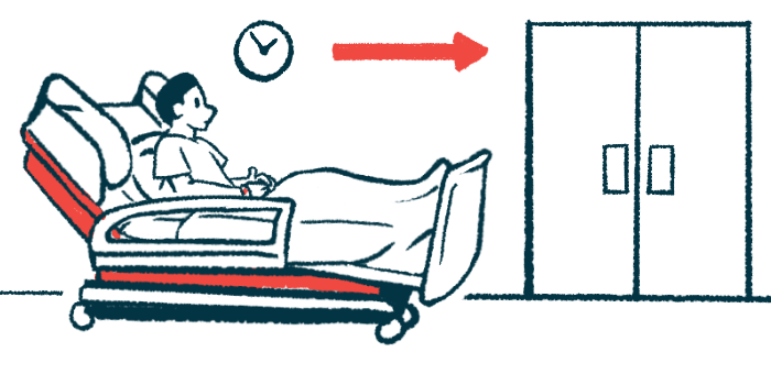 A patient reclines on a hospital gurney waiting just outside two double doors.