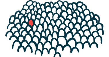 A drawing shows one lone red shape amidst a sea of white shapes, illustrating rare disease.