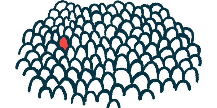 A drawing shows one lone red shape amidst a sea of white shapes, illustrating rare disease.