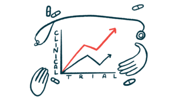 Hands and a stethoscope frame an image of a graph labeled CLINICAL TRIAL.