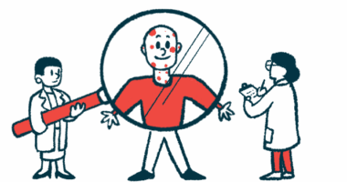 One clinician holds a giant magnifying glass in front of a patient whose face and neck are covered in red spots as another takes notes on a clipboard.