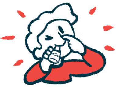 A youngster closes one eye and holds one nostril shut with a finger while administering nasal spray.