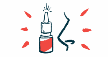 An intranasal spray bottle is shown next to a profile of a person's nose.