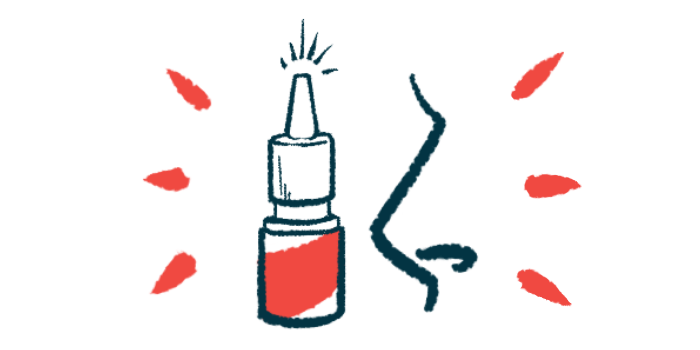 An intranasal spray bottle is shown next to a profile of a person's nose.