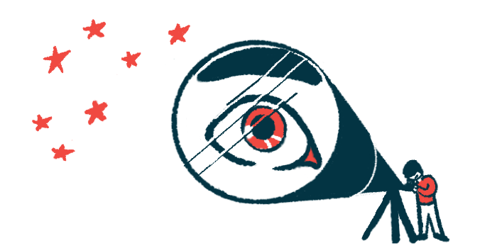 A person's eye is magnified in the lens of a telescope as he looks at stars.