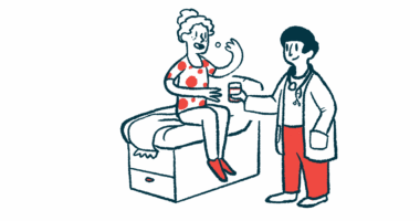 A woman seated on an examining table takes an oral medication as a doctor hands her a glass of water.