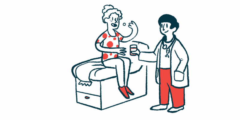 A woman seated on an examining table takes an oral medication as a doctor hands her a glass of water.