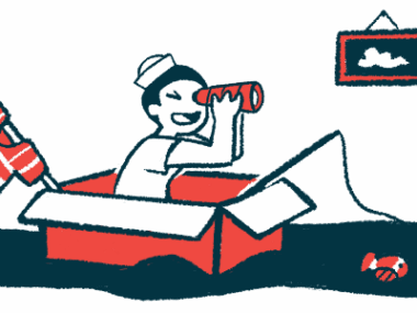 A child wearing a sailor hat looks through binoculars while sitting in a cardboard box with a fishing pole.