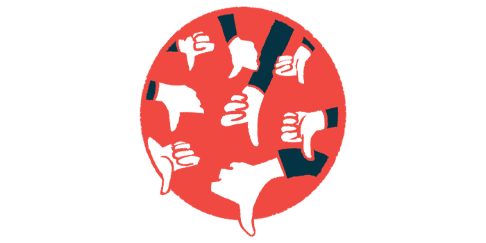 Eight hands show the thumbs-down sign.