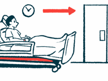 A patient sits in a hospital bed in a hallway near a set of closed double doors.
