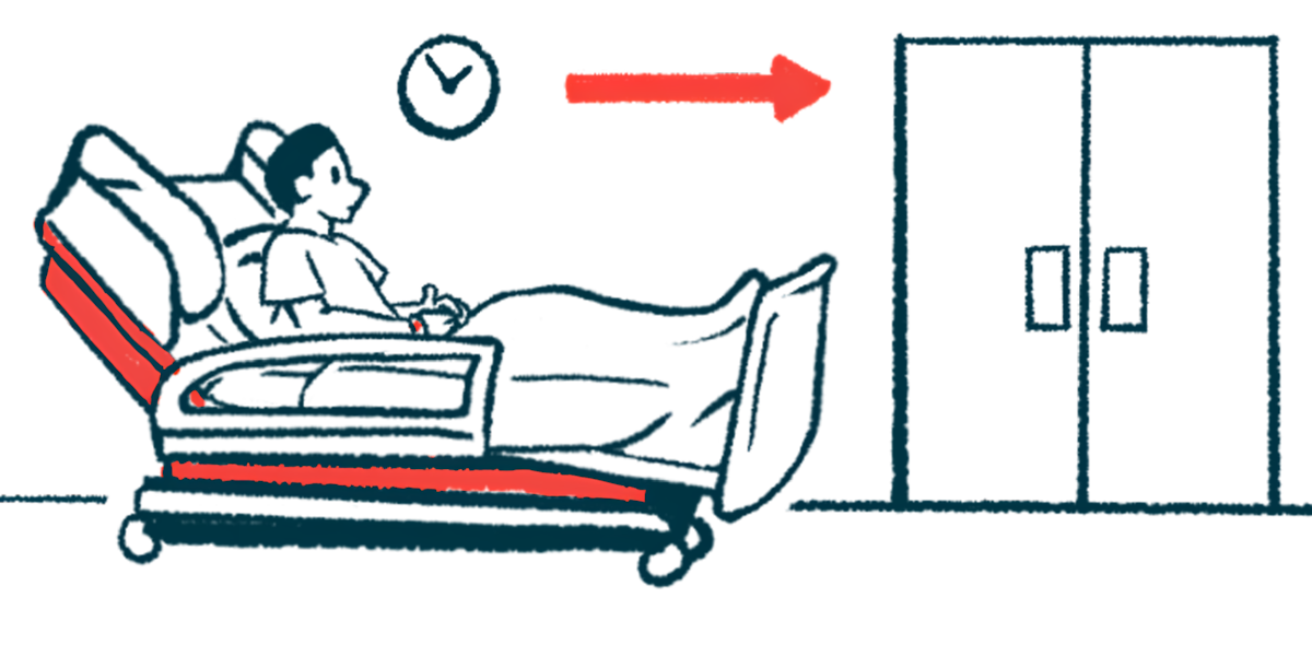 A patient sits in a hospital bed in a hallway near a set of closed double doors.