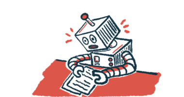 This machine learning illustration shows a robot analyzing papers on a table.