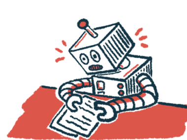 This machine learning illustration shows a robot analyzing papers on a table.