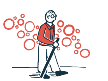 An elderly man is pictured walking with the help of a stick.