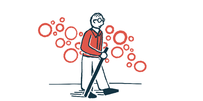 An elderly man is pictured walking with the help of a stick.